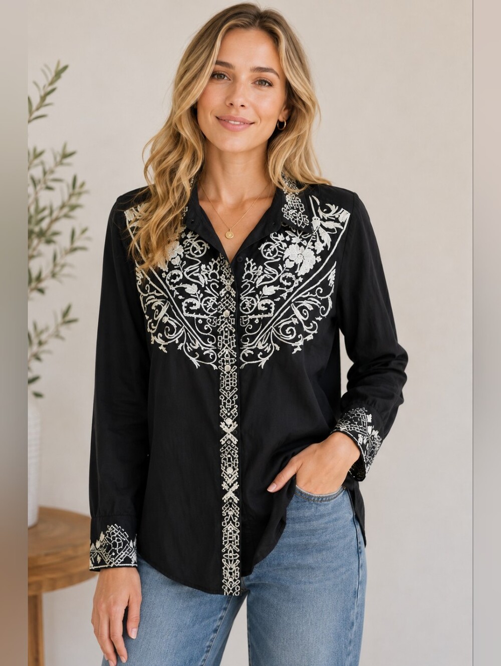 Black Shirt with White Embroidery